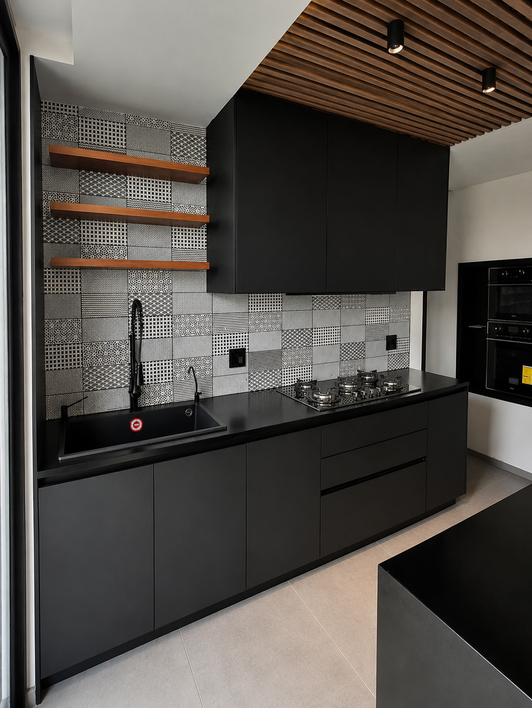 Matte black kitchen with patterned tile backsplash