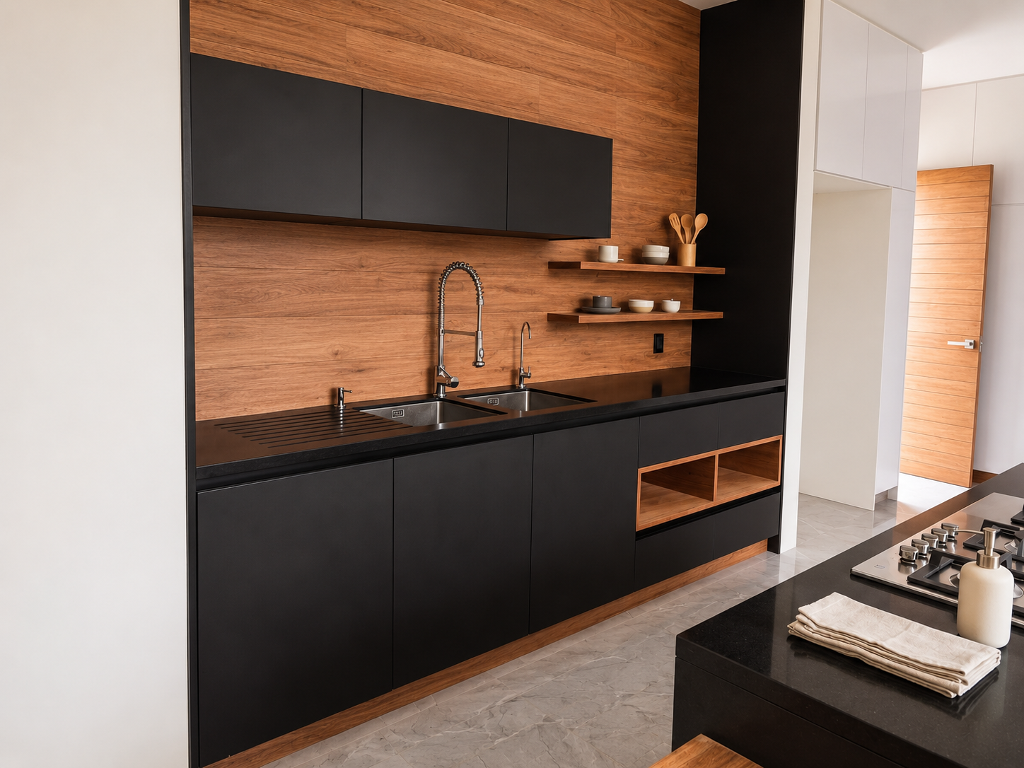 Matte black cabinets with wood-plank backsplash and floating shelves — Durham, NC