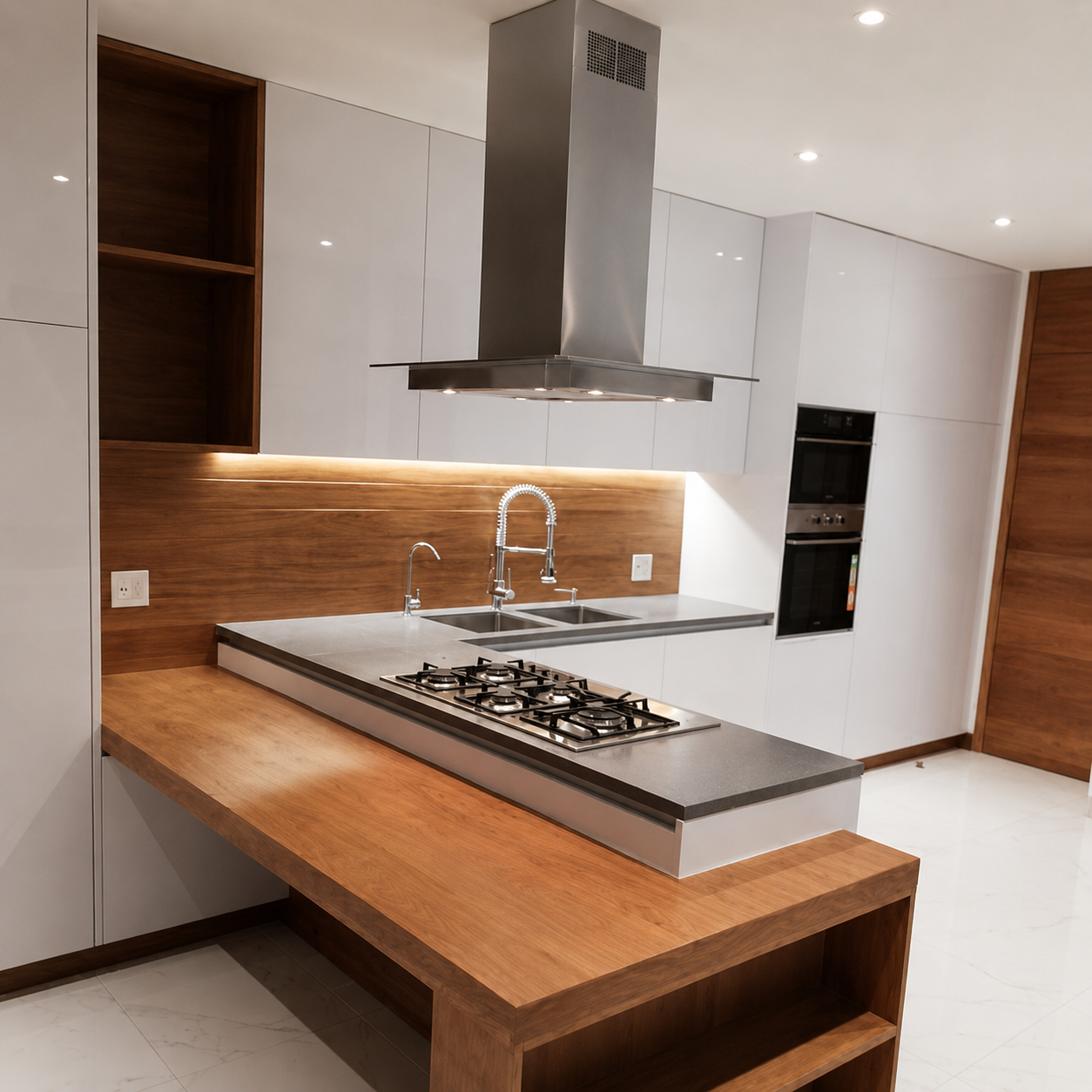 Modern white and walnut kitchen with stainless hood