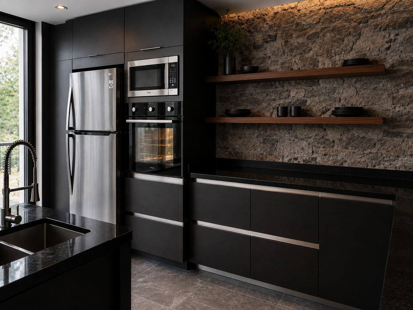 Matte black kitchen with stacked stone wall and walnut shelves