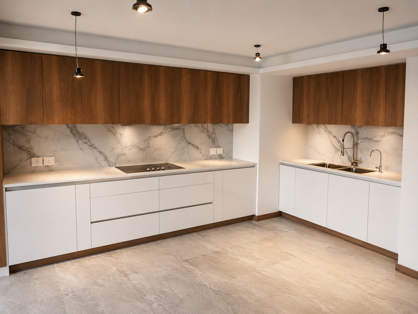 Walnut upper cabinets with marble backsplash